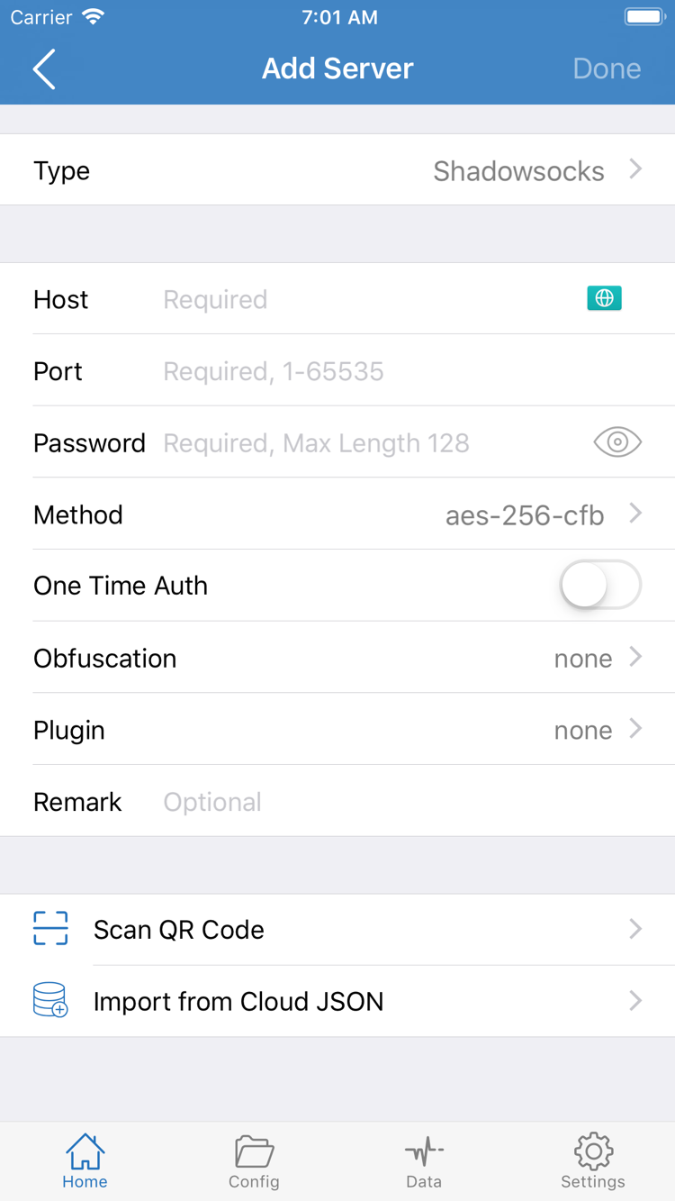 Shadowrocket 공식 스크린샷의 Add Server 화면에 표시된 Type, Host, Port, Password 및 Method 필드