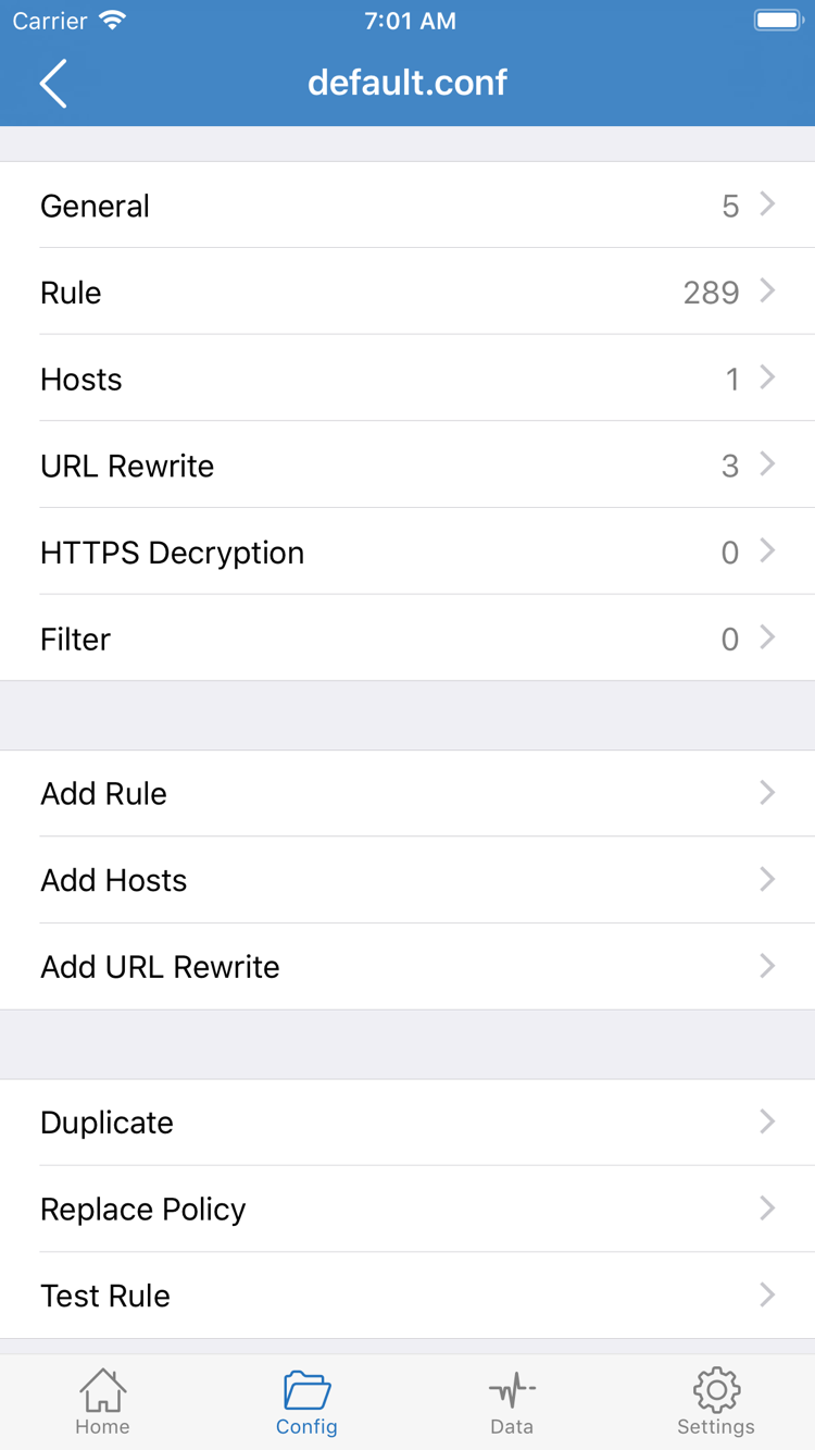 Shadowrocket 공식 스크린샷의 Config 구성 파일 편집 화면에 표시된 General, Rule, Hosts, URL Rewrite 및 Add Rule