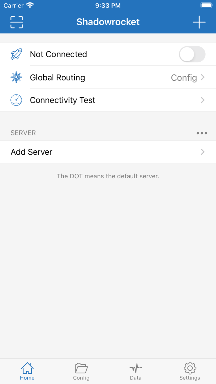 Shadowrocket 공식 스크린샷의 Home 화면에 표시된 Not Connected 스위치, Global Routing, Connectivity Test 및 SERVER 그룹