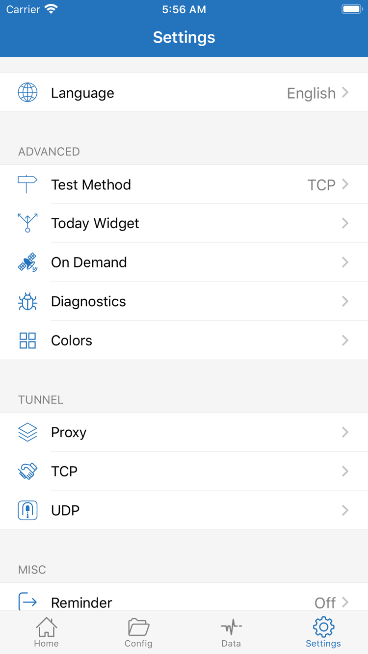 Shadowrocket 공식 스크린샷의 Settings 화면에 표시된 Language, Test Method, On Demand, Diagnostics, Proxy, TCP 및 UDP